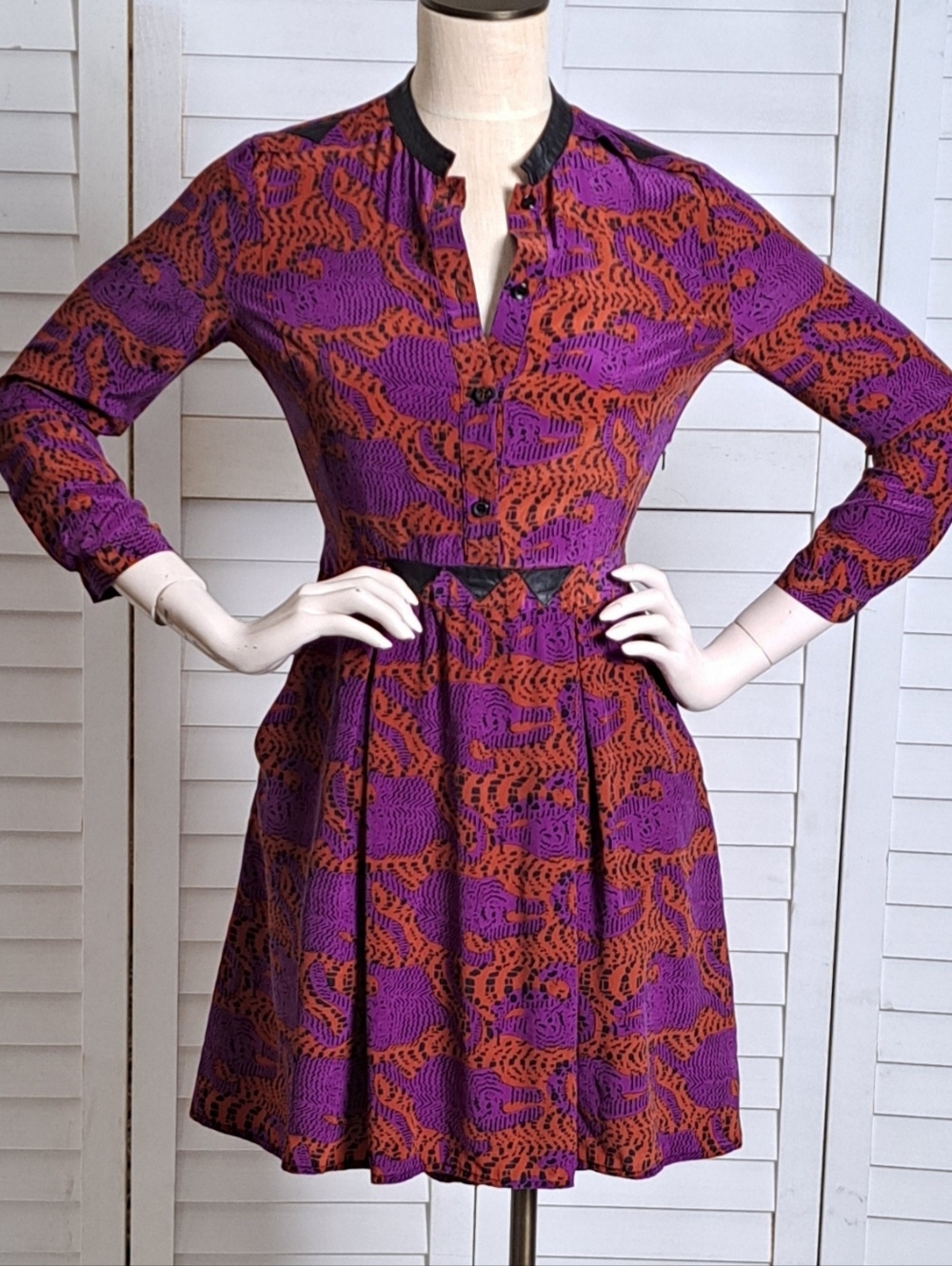 Kelly Wearstler Designer Silk Dress Lamb Leather Trim Abstract Animal Print